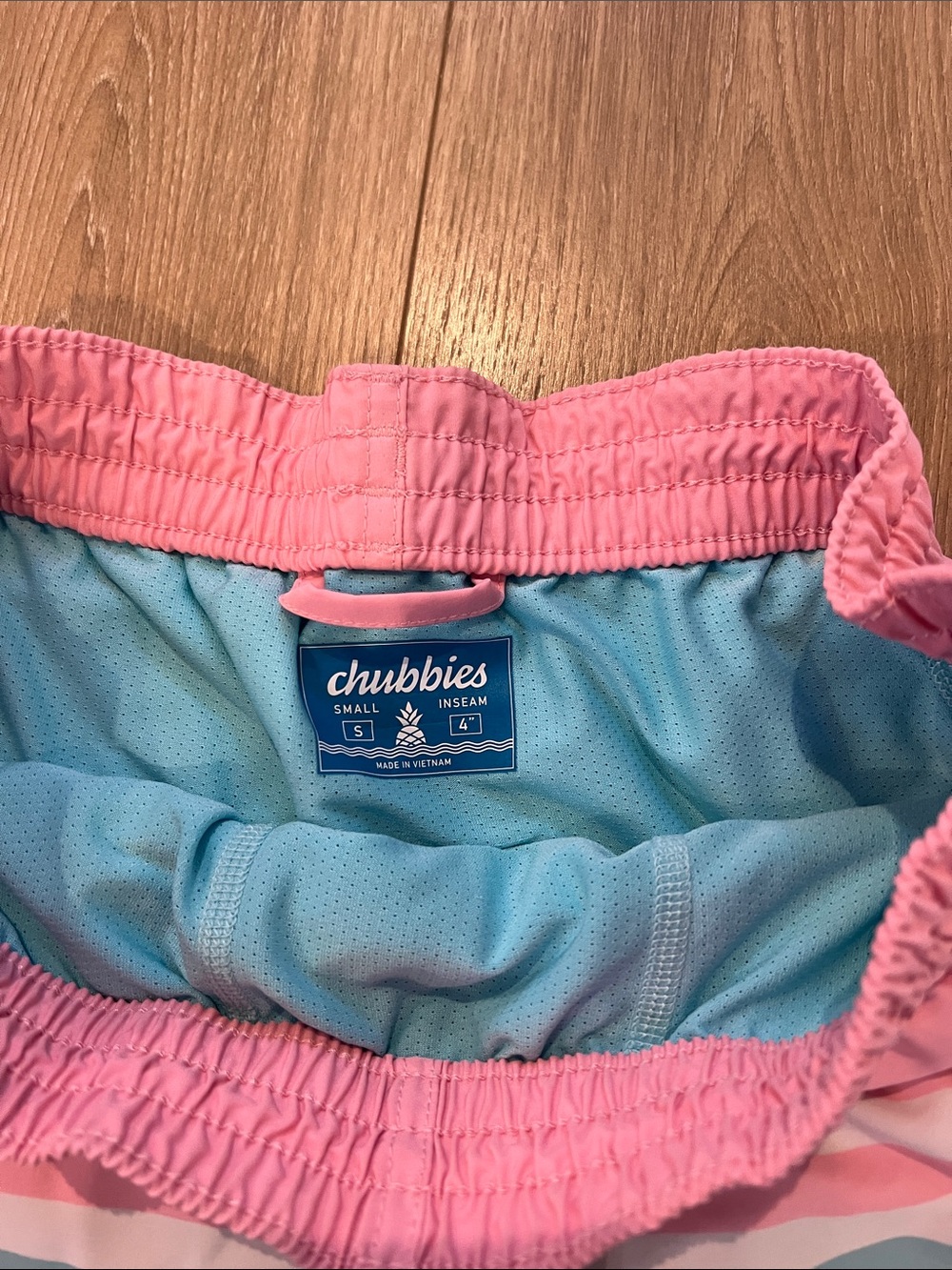 chubbies Pink Kids Swim Trunks with Light Blue Lining